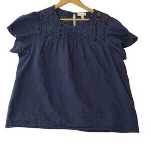 Ella Moss Anthropologie Womens Navy Blue Eyelet Detailed Boho Blouse Size L